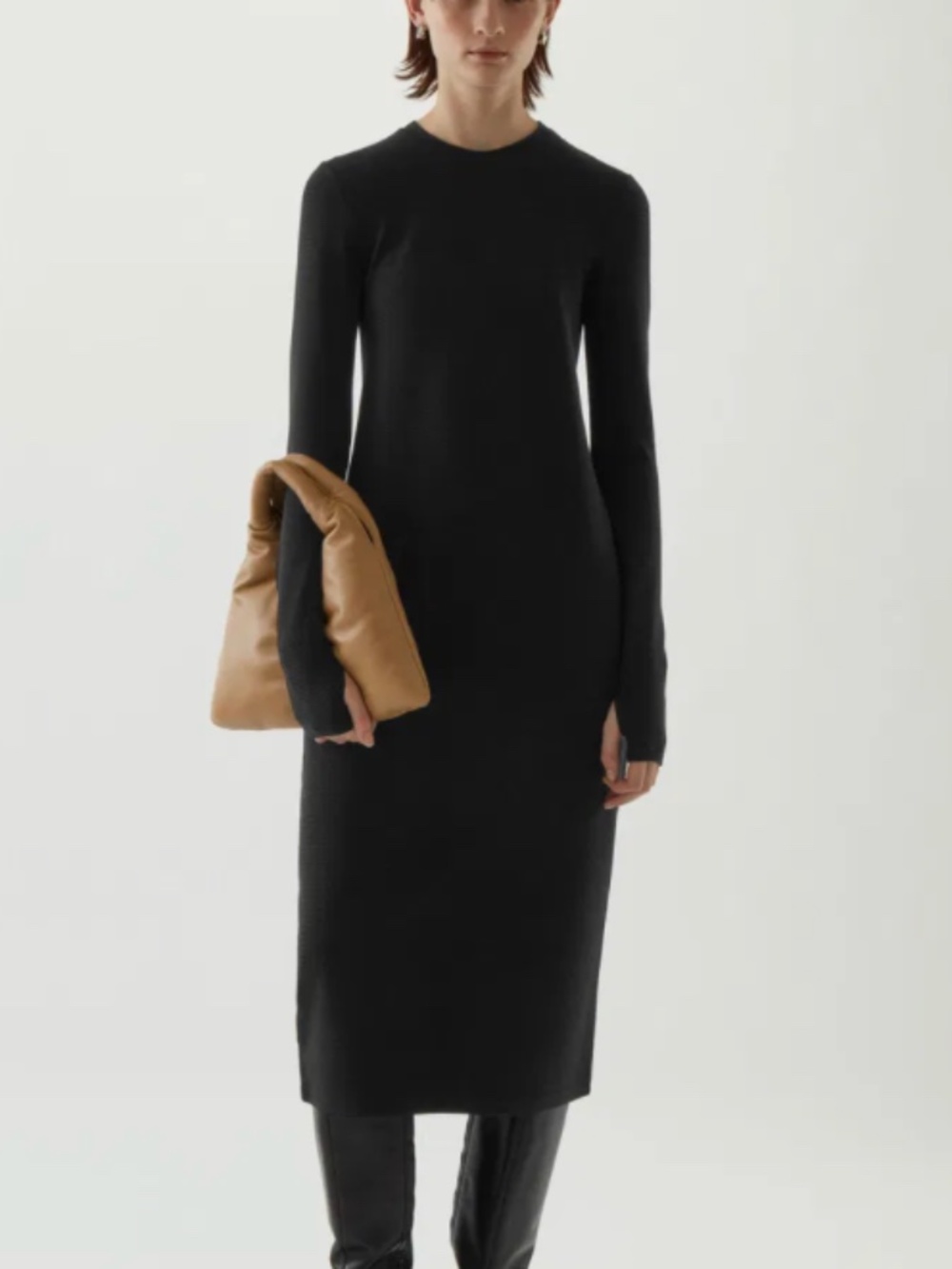 COA Ribbed, Fitted, Long-Sleeve Midi Dress - Black - Size Large